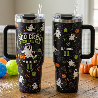 Personalized Boo Crew Pickleball Halloween Ghost 40oz Tumbler with Handle - Custom Name & Number Gift
