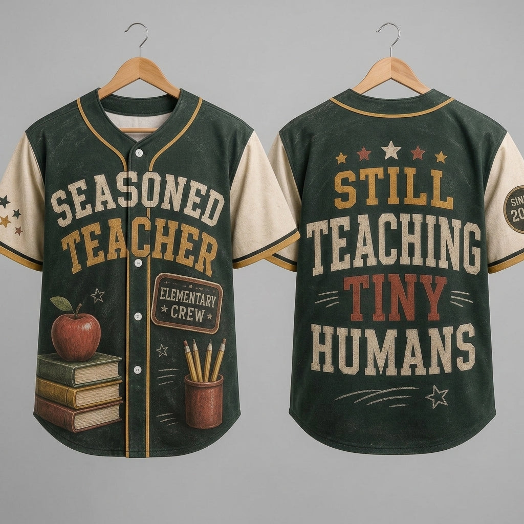 Personalized Seasoned Teacher Baseball Jersey - Custom Since Year Still Teaching Tiny Humans Athletic Shirt product view 3