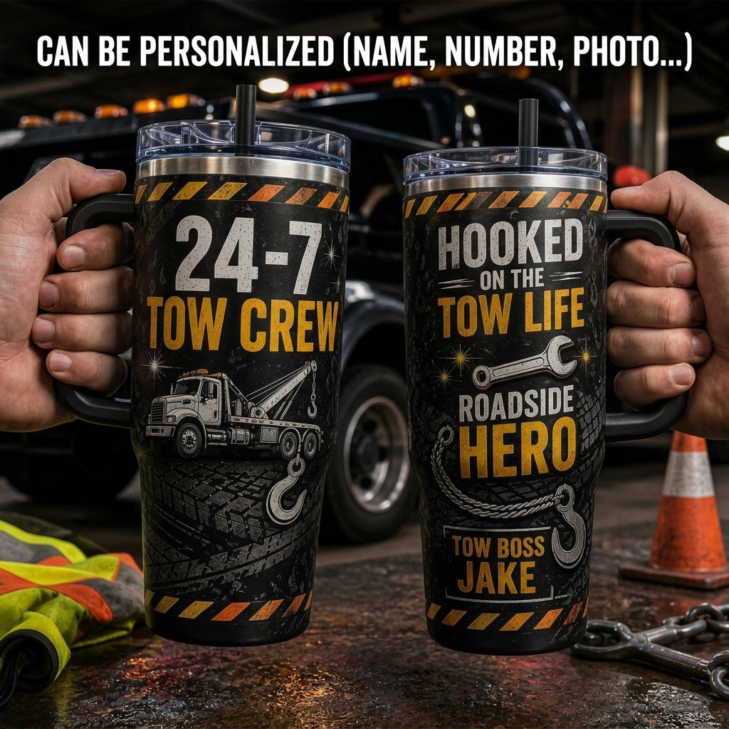 Personalized 40oz Tumbler with Handle - Tow Crew Roadside Hero Custom Name Gift for Tow Truck Drivers