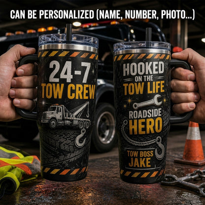 Personalized 40oz Tumbler with Handle - Tow Crew Roadside Hero Custom Name Gift for Tow Truck Drivers