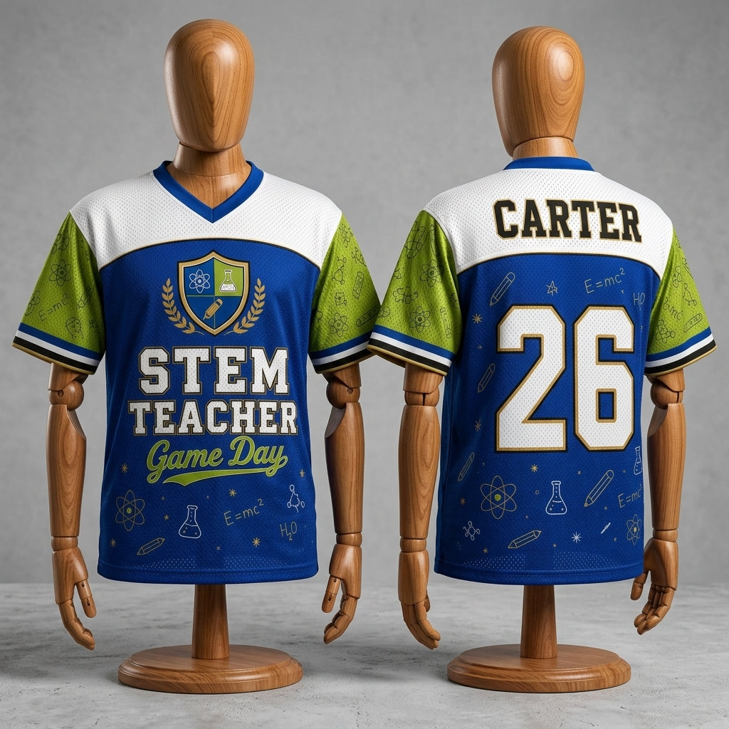 Personalized STEM Teacher Game Day Football Jersey - Custom Name & Number Science Educator Sports Shirt