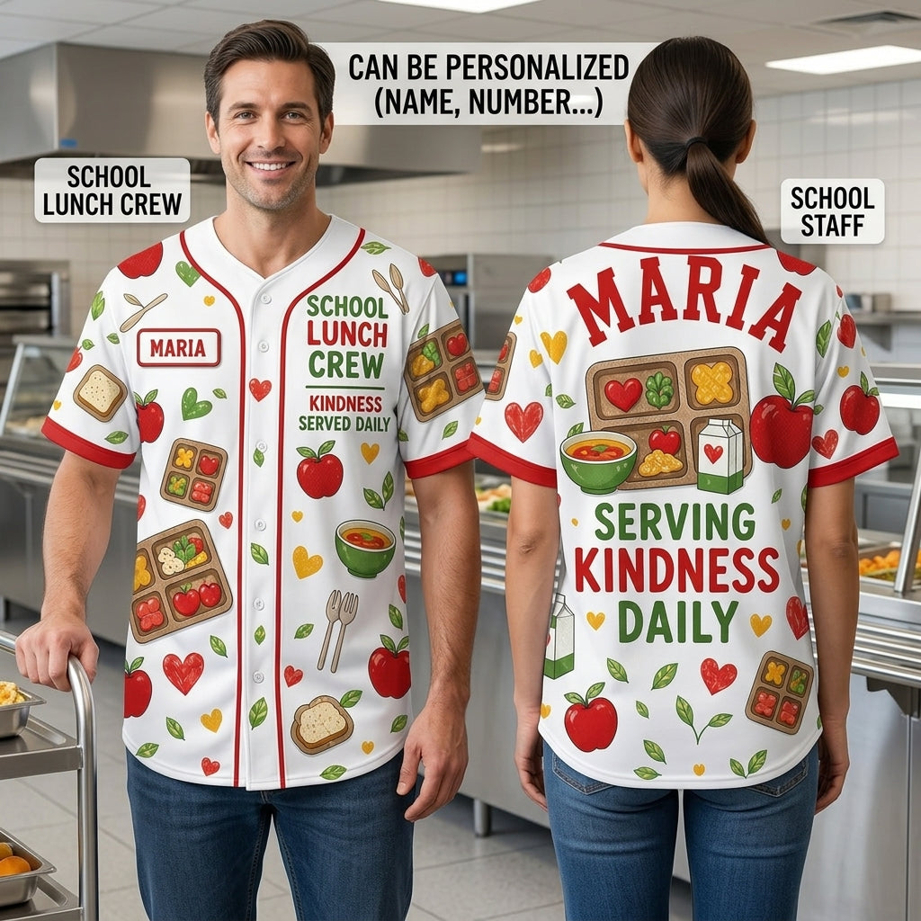 Personalized School Lunch Crew Baseball Jersey - Custom Name Serving Kindness Daily Gift for Lunch Ladies