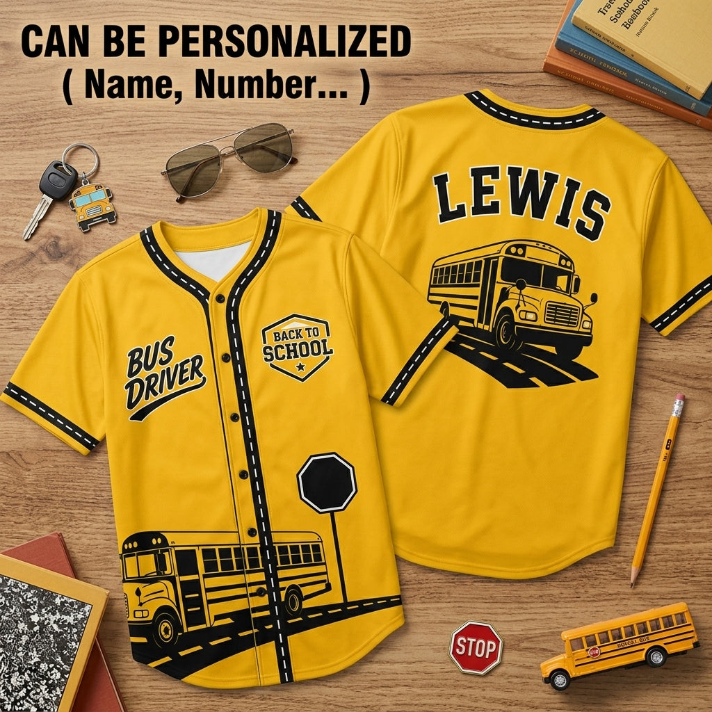 Personalized School Bus Driver Baseball Jersey - Custom Name Back to School Yellow Athletic Shirt