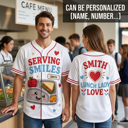 Personalized Lunch Lady Baseball Jersey - Custom Name Serving Smiles School Staff Gift
