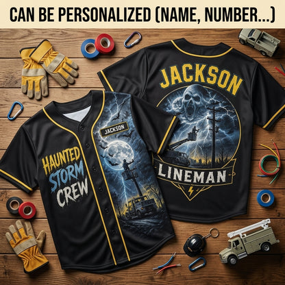 Personalized Haunted Storm Crew Lineman Baseball Jersey - Custom Name Utility Worker Gift