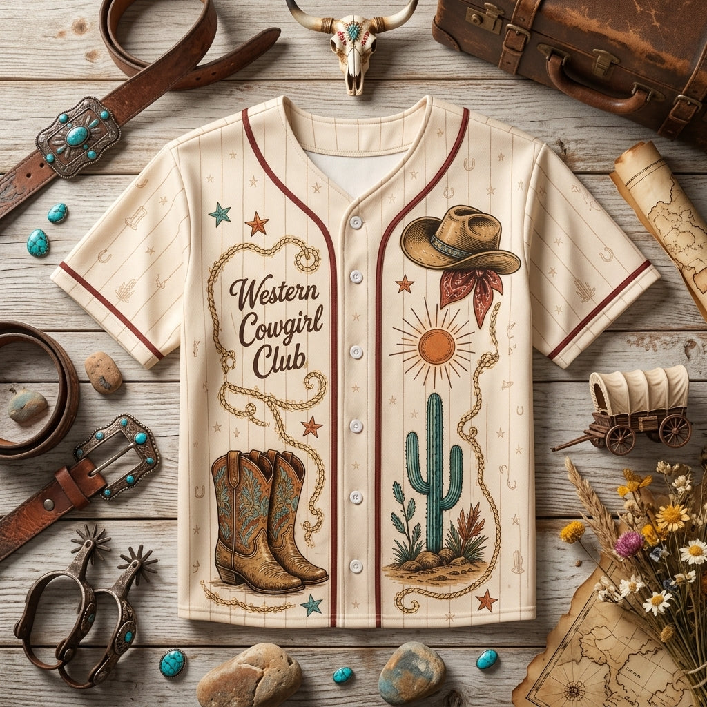 Personalized Desert Cowgirl Baseball Jersey - Custom Name Western Cowgirl Club Vintage Athletic Shirt