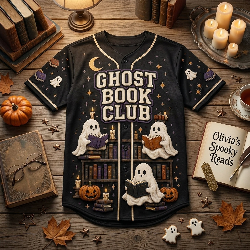 Personalized Ghost Book Club Baseball Jersey - Custom Name & Number Spooky Reads Halloween Shirt for Book Lovers