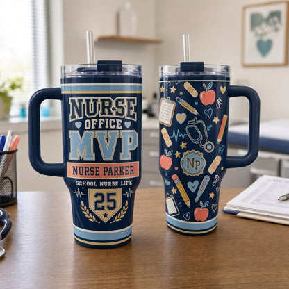 Personalized School Nurse MVP 40oz Tumbler with Handle - Custom Name Healthcare Gift