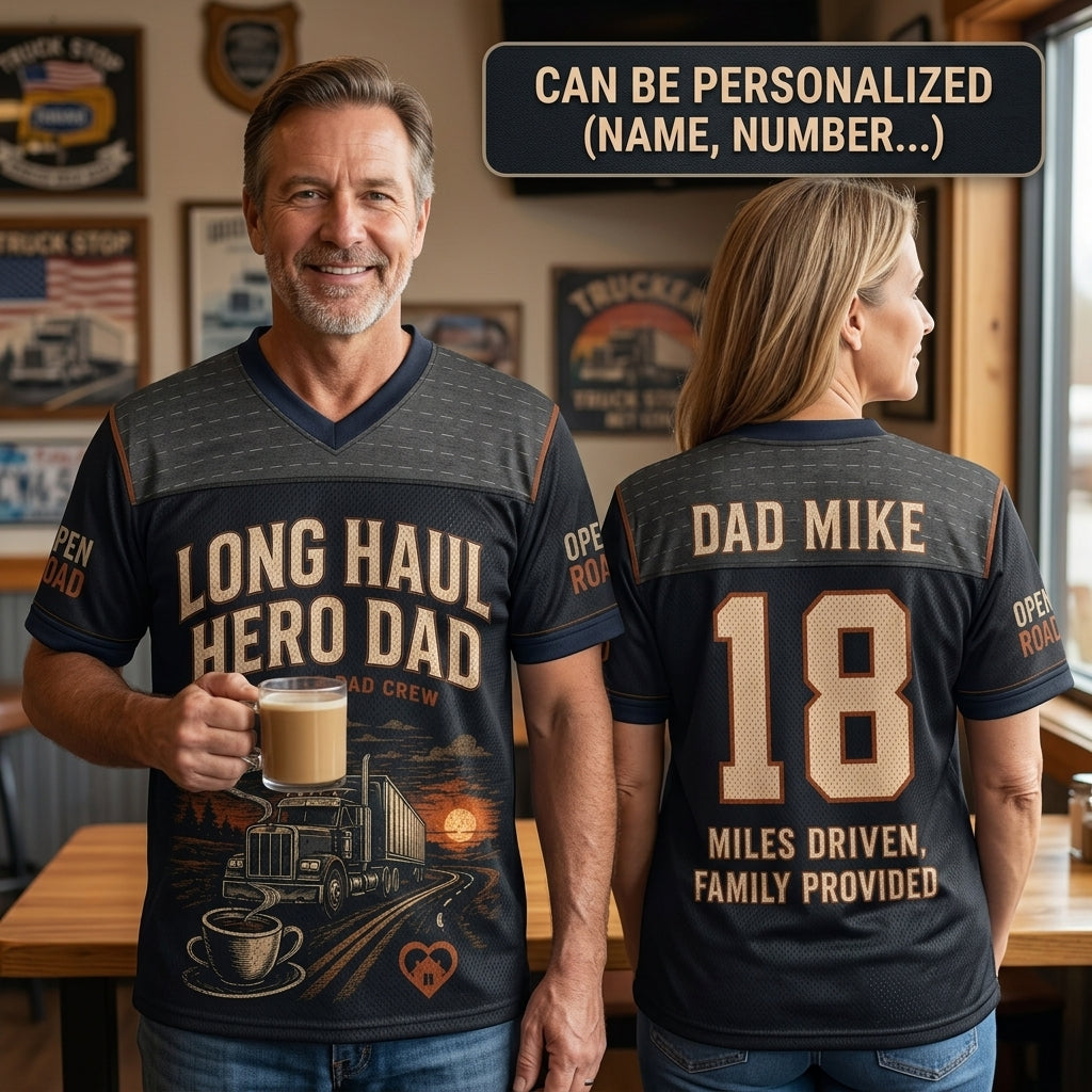 Personalized Long Haul Hero Dad Football Jersey - Custom Name & Number Trucker Mesh Shirt