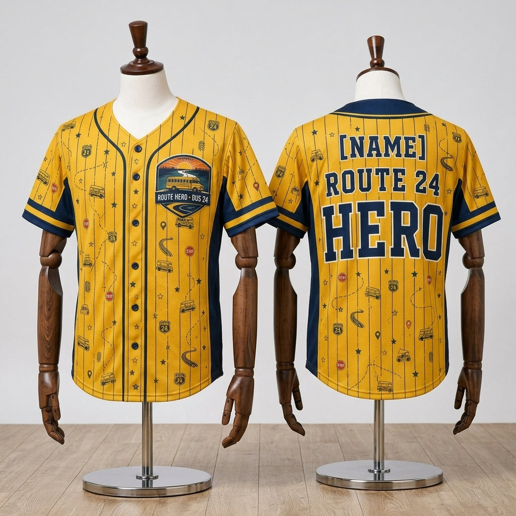 Personalized School Bus Driver Baseball Jersey - Custom Name Route Hero Yellow & Navy Athletic Shirt