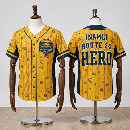 Personalized School Bus Driver Baseball Jersey - Custom Name Route Hero Yellow & Navy Athletic Shirt