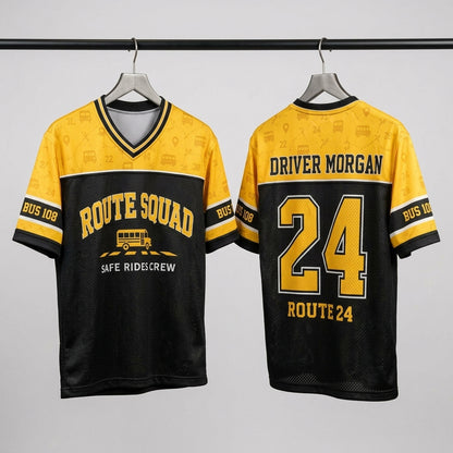 Personalized School Bus Driver Football Jersey - Custom Name & Route Number Squad Gear