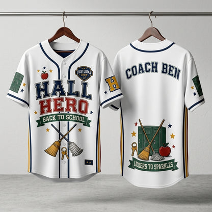 Personalized Hall Hero Custodian Baseball Jersey - Custom Name Back to School Gift for Janitors