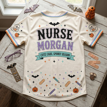 Personalized Spooky School Nurse Baseball Jersey - Custom Name Boo Boo Crew Halloween Gift for Healthcare Workers