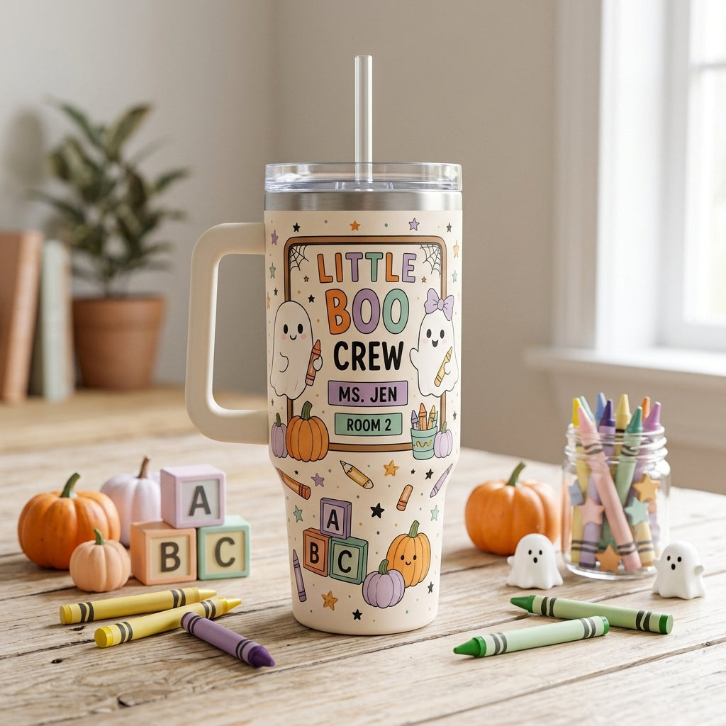 Personalized Little Boo Crew Teacher Halloween 40oz Tumbler with Handle - Custom Name & Room