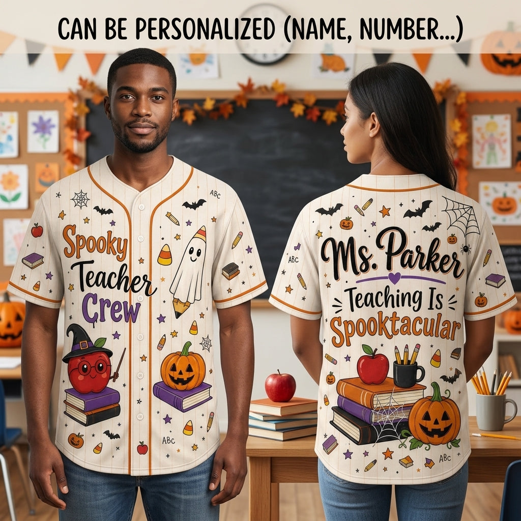 Personalized Spooky Teacher Crew Baseball Jersey - Custom Name Halloween Teaching Is Spooktacular