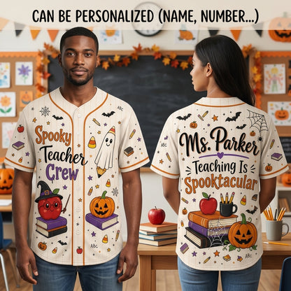 Personalized Spooky Teacher Crew Baseball Jersey - Custom Name Halloween Teaching Is Spooktacular