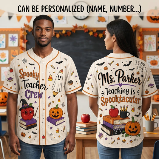 Personalized Spooky Teacher Crew Baseball Jersey - Custom Name Halloween Teaching Is Spooktacular