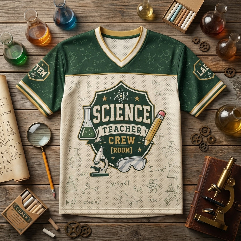 Personalized Science Teacher Crew Football Jersey - Custom Name and Room Number STEM Lab Gift