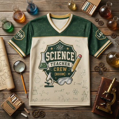 Personalized Science Teacher Crew Football Jersey - Custom Name and Room Number STEM Lab Gift