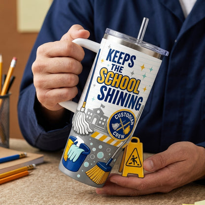 Personalized Custodian 40oz Tumbler with Handle - Keeps The School Shining Custom Name Janitor Gift - 40oz tumbler mockup 4