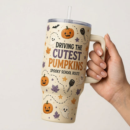 Personalized Haunted Route School Bus Driver 40oz Tumbler with Handle - Custom Name Spooky Halloween Gift