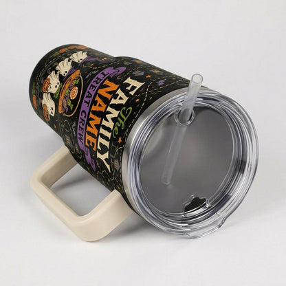 Personalized Halloween Family Name Treat Crew 40oz Tumbler with Handle - Custom Ghost Trick or Treat Gift