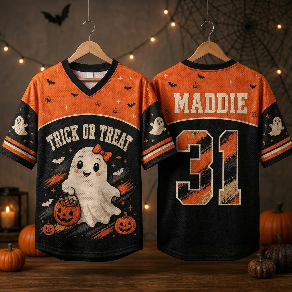 Personalized Trick or Treat Ghost Halloween Football Jersey - Customized Name and Number Sportswear