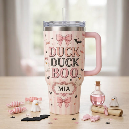 Personalized Duck Duck Boo 40oz Tumbler with Handle, Custom Coquette Ghost Duck Pink Halloween Gift
