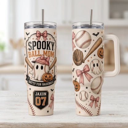 Personalized Spooky Ball Mom 40oz Tumbler with Handle - Custom Baseball Ghost Halloween Gift