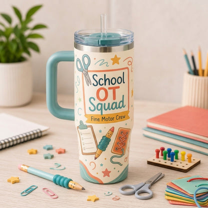 Personalized School OT Squad 40oz Tumbler with Handle, Custom Name Occupational Therapist Gift, Fine Motor Crew Travel Mug