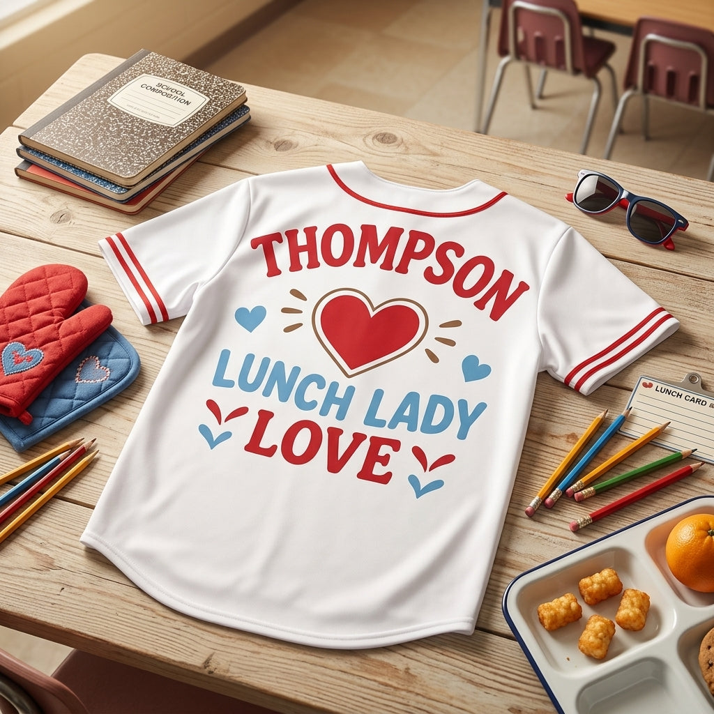 Personalized Lunch Lady Baseball Jersey - Custom Name Serving Smiles School Staff Gift
