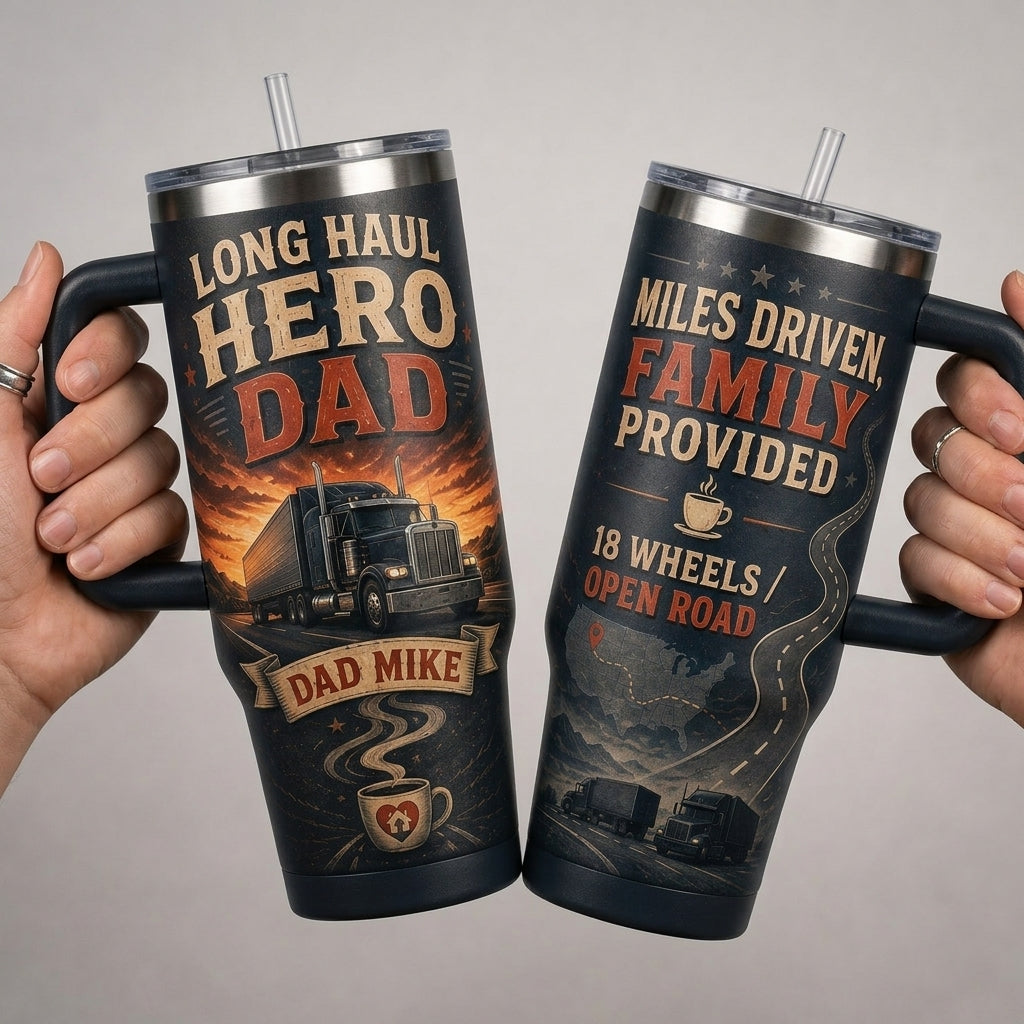 Personalized Long Haul Hero Trucker Dad 40oz Tumbler with Handle - Custom Name Gift