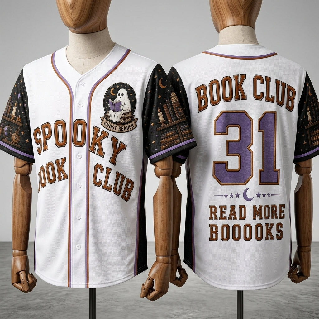 Personalized Spooky Book Club Baseball Jersey - Ghost Reader Halloween Gift for Book Lovers - Custom Name and Number