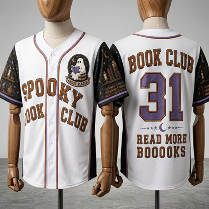 Personalized Spooky Book Club Baseball Jersey - Ghost Reader Halloween Gift for Book Lovers - Custom Name and Number