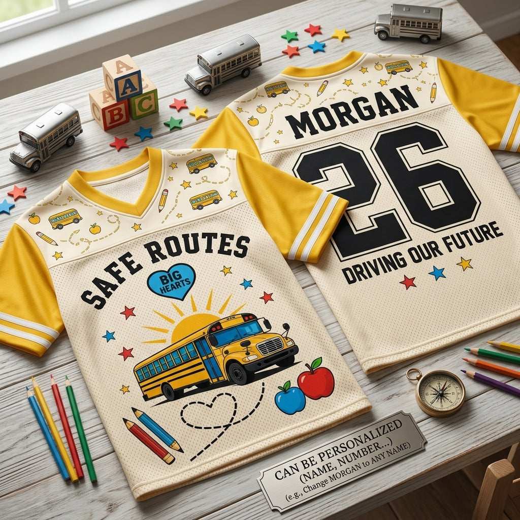Personalized School Bus Driver Football Jersey - Custom Name & Number Mesh Shirt - Safe Routes Big Hearts
