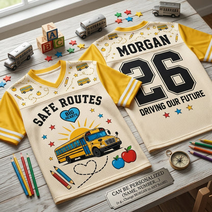 Personalized School Bus Driver Football Jersey - Custom Name & Number Mesh Shirt - Safe Routes Big Hearts