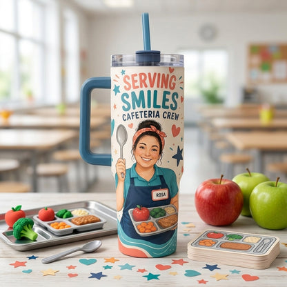 Personalized Serving Smiles Cafeteria Crew 40oz Tumbler with Handle - Custom Name Lunch Lady Gift