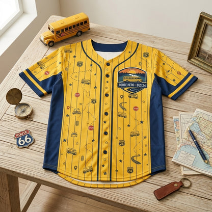 Personalized School Bus Driver Baseball Jersey - Custom Name Route Hero Yellow & Navy Athletic Shirt