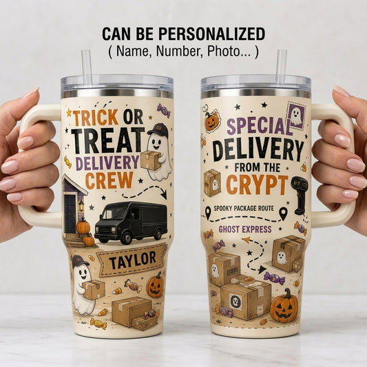 Personalized Trick or Treat Delivery Crew 40oz Tumbler with Handle Custom Name Ghost Express Halloween Gift for Drivers