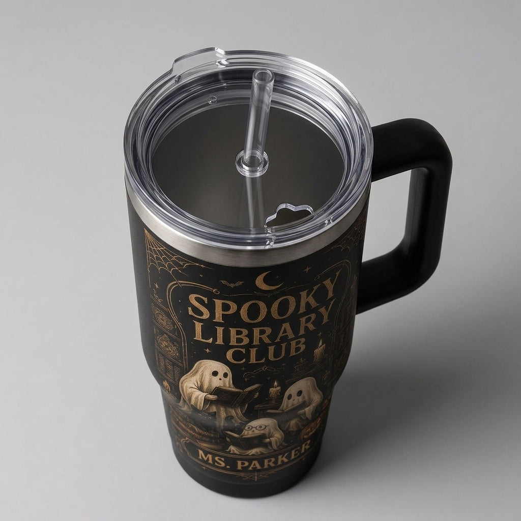 Personalized Spooky Library Club 40oz Tumbler with Handle - Custom Name Ghost Bookworm Gift for Librarians & Teachers