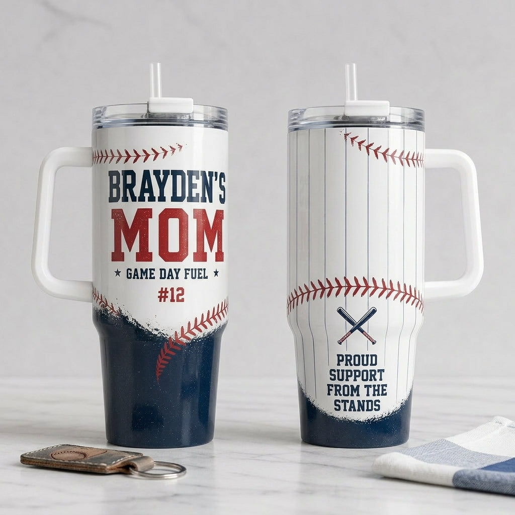 Personalized Baseball Mom 40oz Tumbler with Handle - Custom Name and Number Sports Travel Mug