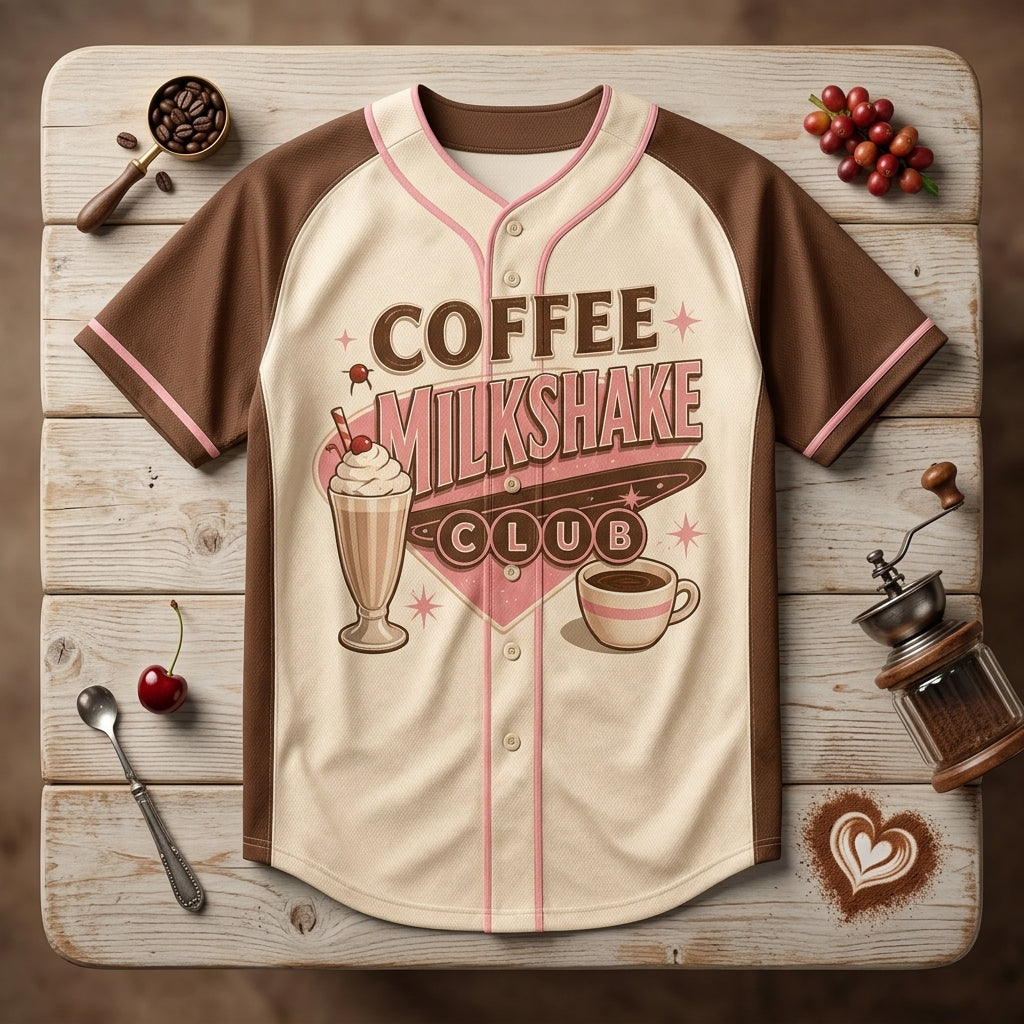 Personalized Coffee Milkshake Club Baseball Jersey - Retro Barista Gift - Custom Name and Number Vintage Jersey