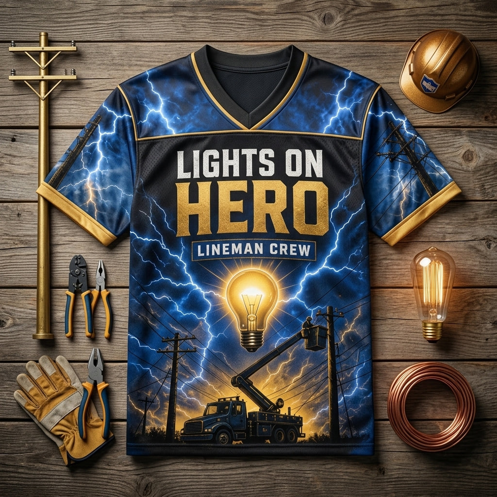Personalized Lights On Hero Lineman Crew Football Jersey - Custom Name Electrician Gift