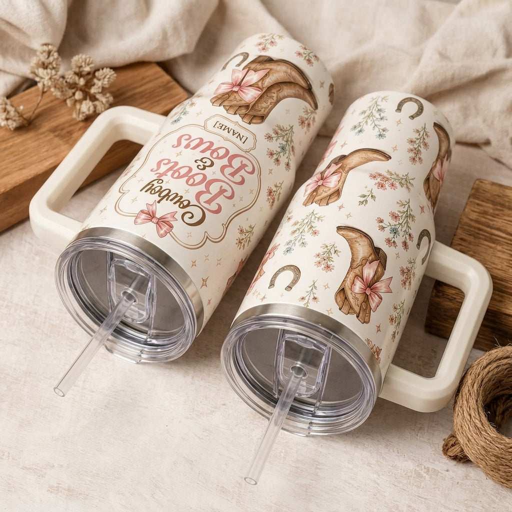 Personalized Cowboy Boots and Bows 40oz Tumbler with Handle - Custom Name Western Coquette Gift