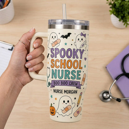 Personalized Spooky School Nurse 40oz Tumbler with Handle - Custom Boo Boo Crew Halloween Gift