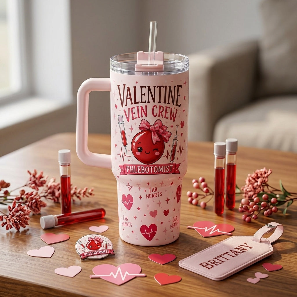 Personalized Valentine Vein Crew Phlebotomist 40oz Tumbler with Handle - Custom Name Gift for Lab Techs