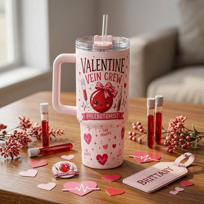 Personalized Valentine Vein Crew Phlebotomist 40oz Tumbler with Handle - Custom Name Gift for Lab Techs