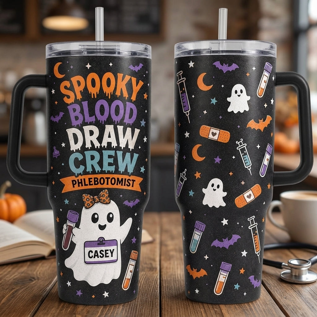 Personalized Phlebotomist Spooky Blood Draw Crew 40oz Tumbler with Handle, Custom Name Halloween Medical Gift