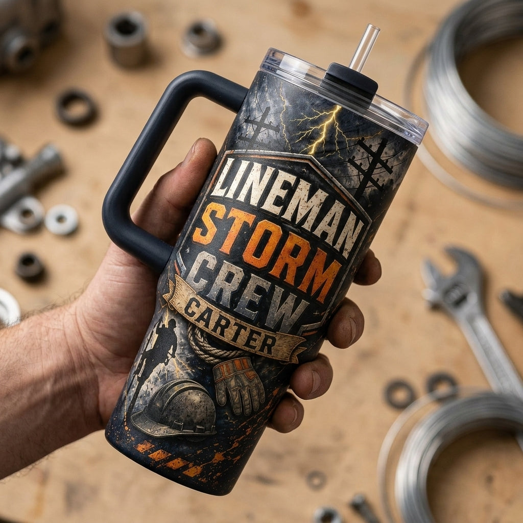 Personalized Lineman Storm Crew 40oz Tumbler with Handle, Custom Powerline Worker Gift